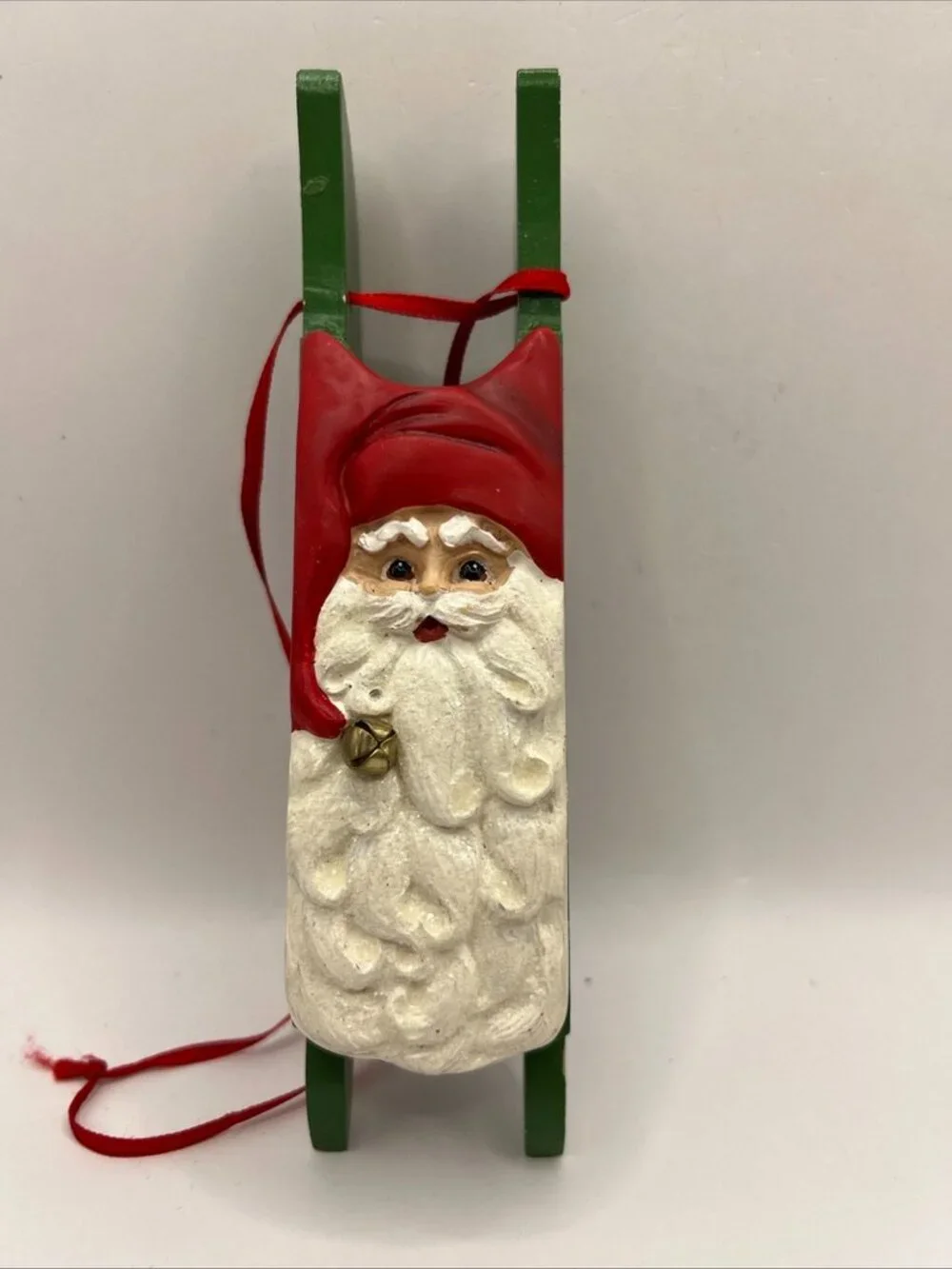 Kurt Adler Santa Head on Wood Sled Christmas Ornament Hand Carved Painted 7